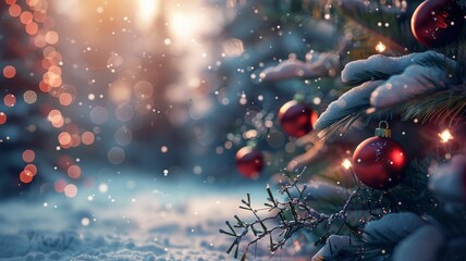 Wall Mural - fir branches with christmas decorations. happy new year greeting card with christmas tree