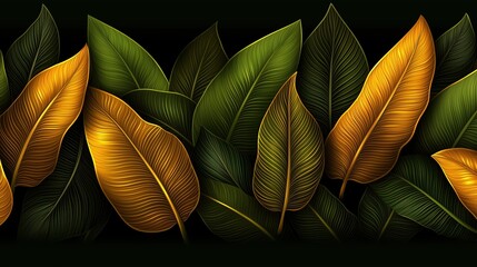 Wall Mural - Row of leaves with some yellow and green ones. The leaves are arranged in a way that creates a sense of movement and flow