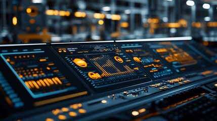 Poster - A futuristic control panel with digital displays showing data and graphs in a factory setting.