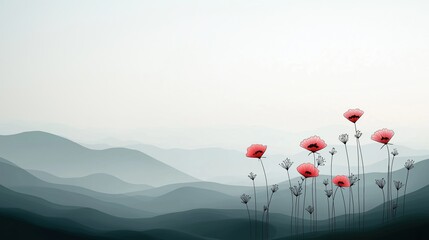 Wall Mural - mountain range with a few red flowers in the foreground. the flowers are scattered throughout the sc