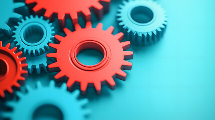 Wall Mural - close-up of red and blue gears interlocking on a teal background, representing teamwork, collaborati