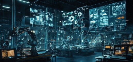 Fototapete - A futuristic factory with robots working on an assembly line and digital displays showing data.