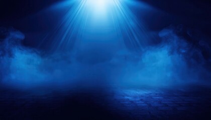 Poster - Empty Stage Illuminated by Dramatic Blue Spotlight with Mist and Shadows, Creating a Moody and Mysterious Ambiance for Theater Performances, Presentations, and Inspirational Backgrounds