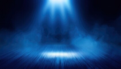 Poster - Empty Stage Illuminated by Dramatic Blue Spotlight with Mist and Shadows, Creating a Moody and Mysterious Ambiance for Theater Performances, Presentations, and Inspirational Backgrounds
