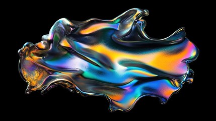 Close up shot of rainbow colored holographic liquid metal on black background, showing abstract distorted futuristic fluid organic shapes, design material