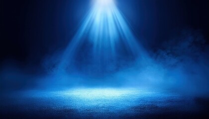 Poster - Empty Stage Illuminated by Dramatic Blue Spotlight with Mist and Shadows, Creating a Moody and Mysterious Ambiance for Theater Performances, Presentations, and Inspirational Backgrounds