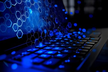 Fototapete - Research concept with digitally connected node buttons on blurry background. Laptop on desktop with mesh. Double exposure.