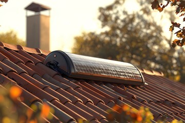 Poster - The solar water heating system consists of a panel and a cylinder tank installed on the roof of a house.