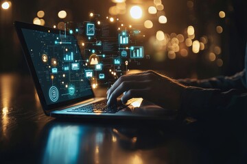 Poster - In the future, a businessman will use a computer laptop connected to a smart AI screen device for chatting with stock chatbots.