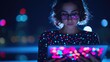 Explore the vibrant world of nighttime technology as a woman engages with her colorful laptop display