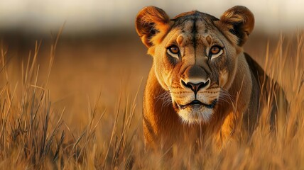  A close-up of a lioness in golden grass, showcasing her intense gaze and majestic presence in the wild.