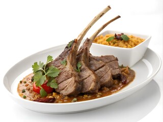 
dish of lamb ribs, classic serving on a plate, isolated on a white background