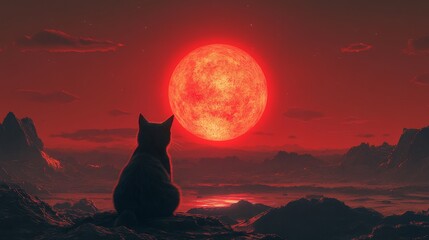 Naklejka na meble Feline Wonder: Cartoon Cat Observing Red Solar Eclipse in a Sci-Fi Celestial Scene, Surreal Galaxy