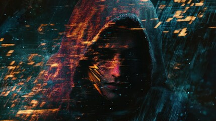 A hacker with a hood with a mysterious face cyber crime digital technology background wallpaper AI generated image