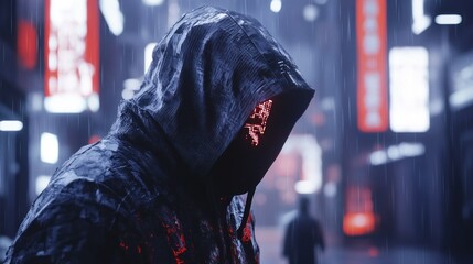 A hacker with a hood with a mysterious face cyber crime digital technology background wallpaper AI generated image
