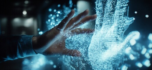 Fototapete - A hand reaches out to touch a digital hologram of a hand, made of glowing blue particles.