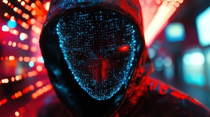 A hacker with a hood with a mysterious face cyber crime digital technology background wallpaper AI generated image