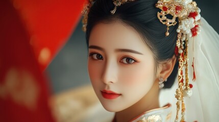 Beautiful female asian model with traditional bridal makeup regional customs background wallpaper AI generated image