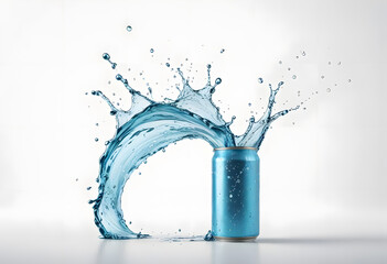 Wall Mural - blue aluminum jar with water splash. isolated background.