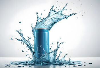 Wall Mural - blue aluminum jar with water splash. isolated background.