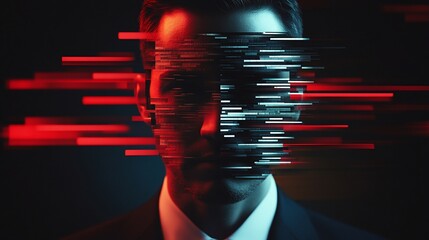 Man's face partially obscured by digital streaks, red and blue lighting, futuristic, technology concept.