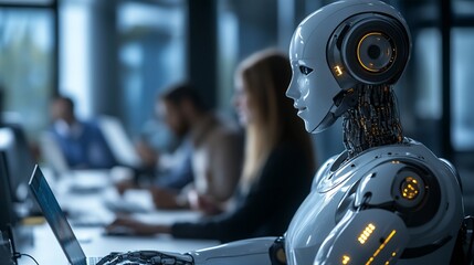 Poster - A humanoid robot sits at a desk with a laptop, working alongside human colleagues in an office setting.