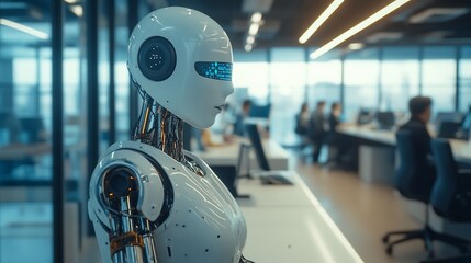 Fototapete - A humanoid robot stands in a modern office, with human workers in the background.