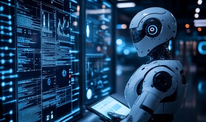 Poster - A humanoid robot stands in front of a large screen filled with data, looking at a tablet.