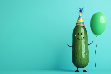 3d rendering of a cartoon pickle character wearing a party hat and holding a balloon, cartoon pickle
