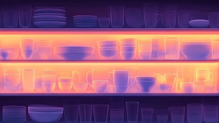 Wall Mural - Shelves Displaying Various Dishes and Glassware