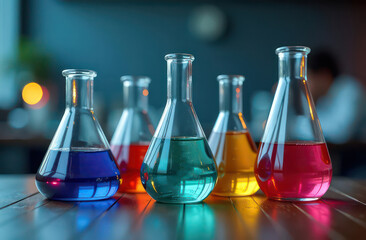 Several medical flasks with multi-colored liquids stand on the table