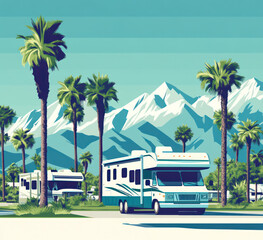 Wall Mural - illustration of traveling in rv under the sun light in the rv park close to the snow mountain 