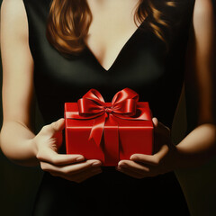 Wall Mural - a lady in nice black dress  hands holding a small red gift box with  red  ribbon on the the black dress on her body  background