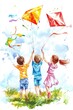 © vefimov - Three young children playing with kites on a sunny day, enjoying the outdoors.