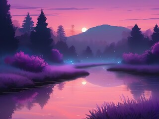 a dreamy landscape illustration at twilight with soft purple and blue hues
