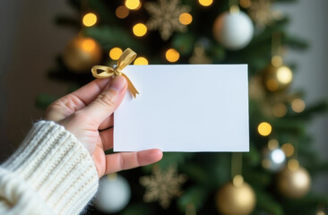 Wall Mural - White card for text decorated with golden ribbon in hand of girl in white sweater. Christmas tree in background