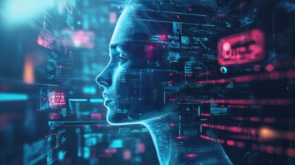 Poster - An engaging digital environment filled with futuristic AI elements, data streams, and graphic designs, ideal for tech-related visuals.
