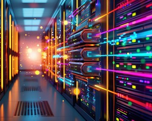 Wall Mural - 3D Visual of a Data Center with Colorful Lights