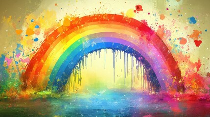 Wall Mural - An uplifting image of a bright rainbow painted on a canvas, with colorful paint splashes around, showcasing the joyful spirit of creativity and celebration in art.