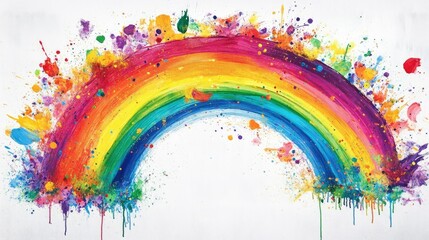 Wall Mural - An uplifting image of a bright rainbow painted on a canvas, with colorful paint splashes around, showcasing the joyful spirit of creativity and celebration in art.