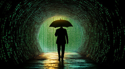 the digital labyrinth: a lone figure walks through a tunnel of binary code, holding an umbrella agai