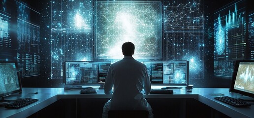 A lone figure sits in front of multiple computer monitors displaying data and patterns.