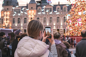 Christmas,girl travels alone and celebrates new year and christmas at sea in santa hat,christmas banner,xmas