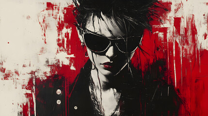 Wall Mural - Young woman in punk style, black accents contrasting against a messy white and red background.