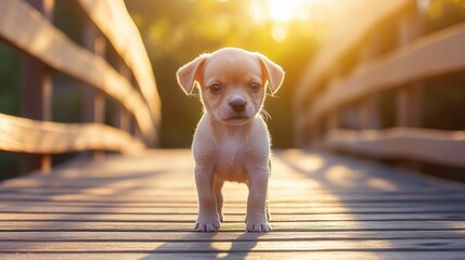 Wall Mural - Puppy on Wooden Bridge.