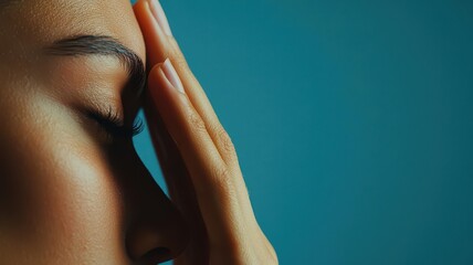 Closeup of a person sitting down with their hand on their forehead, focusing on the sensation of dizziness, Sitting with dizziness and discomfort, Common and personal