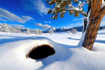 serene winter landscape with snow covered field, tree, and mountain in background under clear blue sky. scene is peaceful and bright, capturing essence of winter day