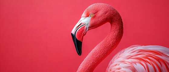 Wall Mural -  A pink flamingo faces sideways against a red backdrop