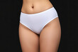 © Vladislav - Promotional photo featuring a mockup of white women’s briefs panties on a clean, minimalist background. Ideal for showcasing lingerie design, fabric texture