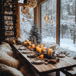 © Lucky_jl - Cozy Christmas dinner setting with candles, snow, and festive decor. elegant table is adorned with plates and surrounded by warm atmosphere, perfect for holiday gatherings